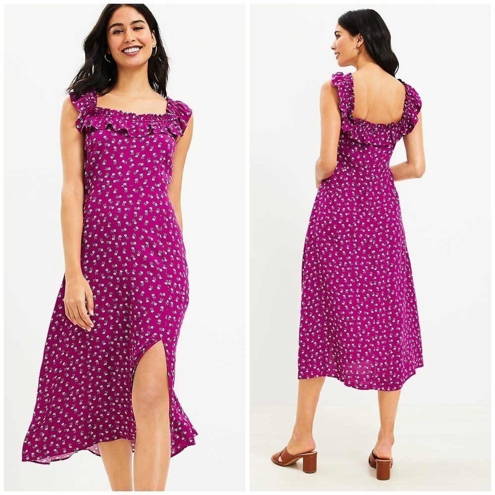 LOFT Floral Ruffle Square Neck Midi Dress